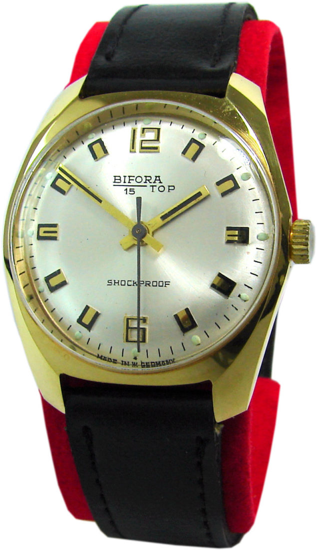 Bifora 15 Top Germany kleine Handaufzug Armbanduhr silber schwarz gold Leder