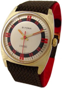 Bifora Lasso Handaufzug Herrenuhr gold rot Made in Germany Textilband mens watch