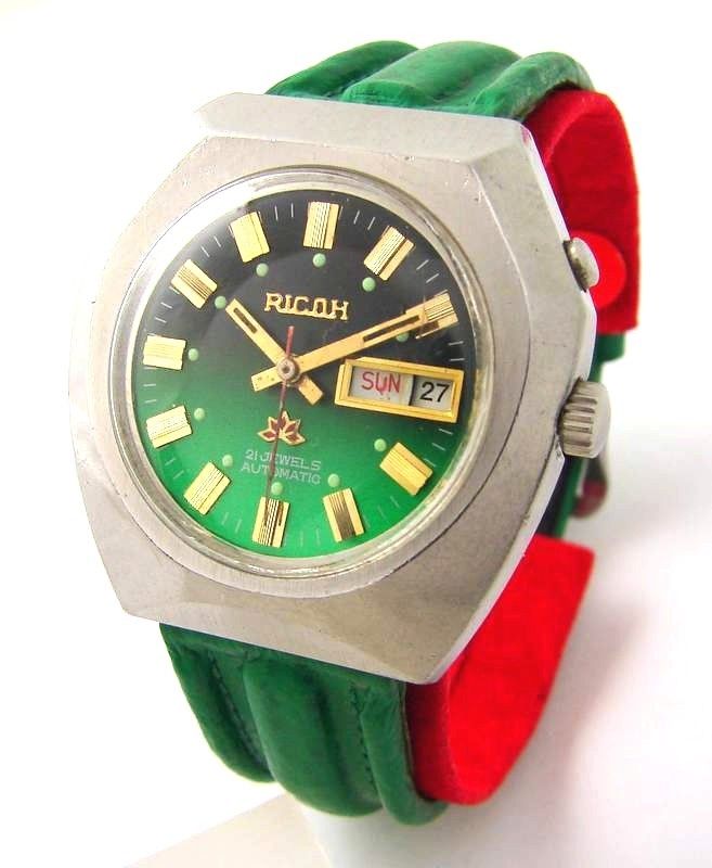 Ricoh Automatic Herrenuhr Tag Datum grün mens watch day date mechanical 21Jewels