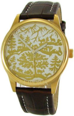 AureA swiss Herrenuhr 37mm Motiv Scherenschnitt gold Lederband braun scissor cuts paper cutting watch
