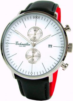 Eichmüller Quarz Chronograph Herrenuhr Lederband schwarz Stil Bauhaus weiß 44mm