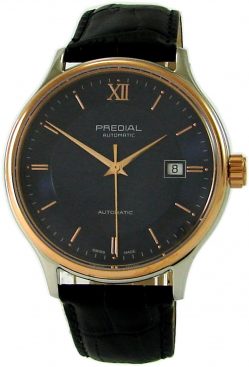 PREDIAL elegante Herrenuhr Automatic Stahl bicolor Lederband schwarz Saphirglas