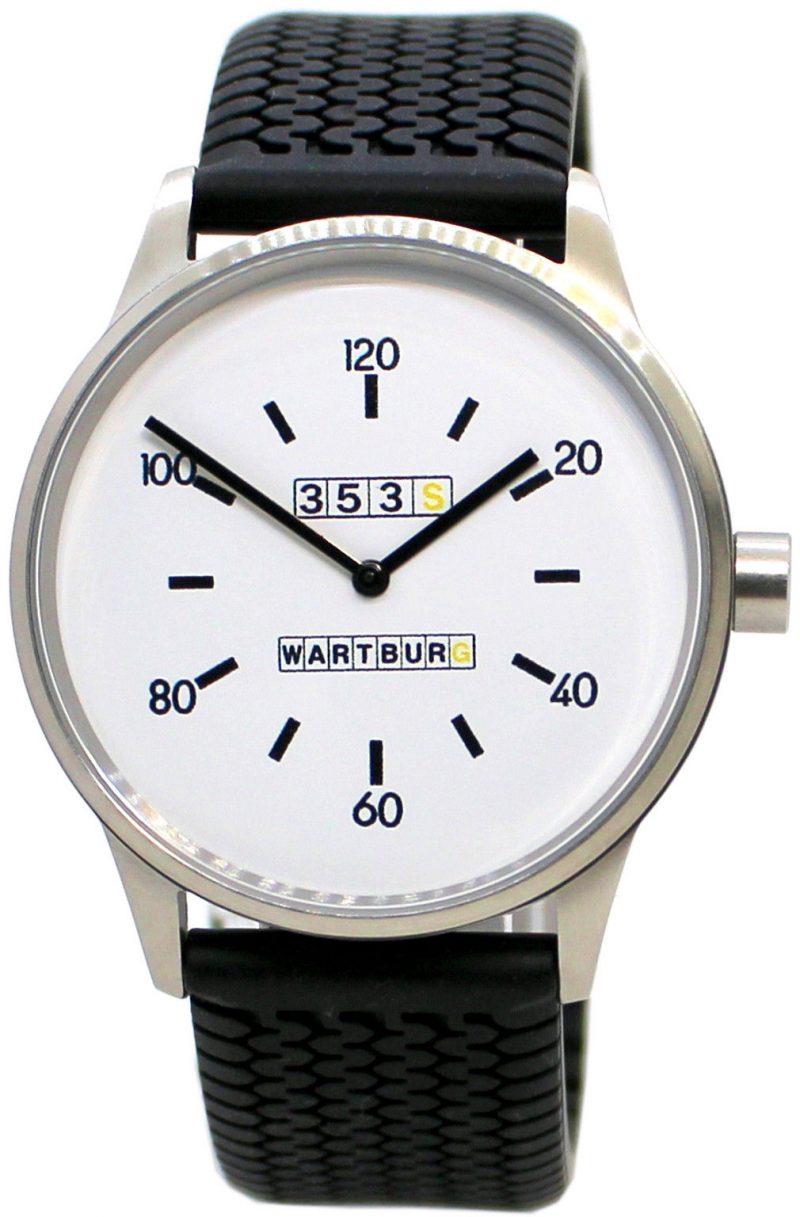 Wartburg Germany Herrenuhr Edelstahl gebürstet weiß Uhrband schwarz Reifenprofil