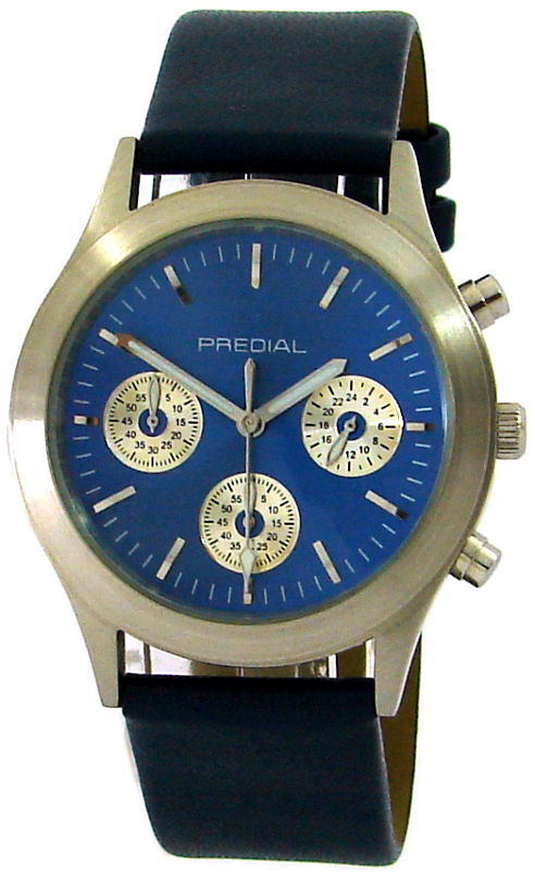 PREDIAL unisex Armbanduhr Quarz Chronograph feines Lederband blau silber 38mm