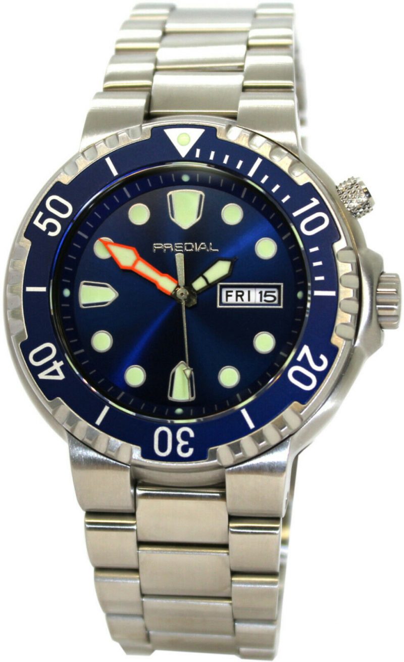 PREDIAL-100BAR-Herren-Quarz-Taucheruhr-Uhrband-Edelststahl-Heliumventil-Lünette