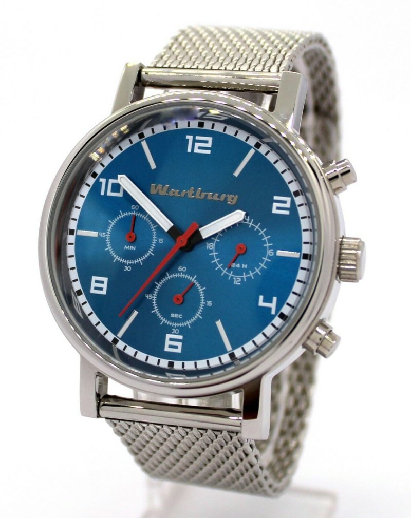 Wartburg Chronograph Herrenuhr Quarz blau Milanaise Uhrband Edelstahl poliert