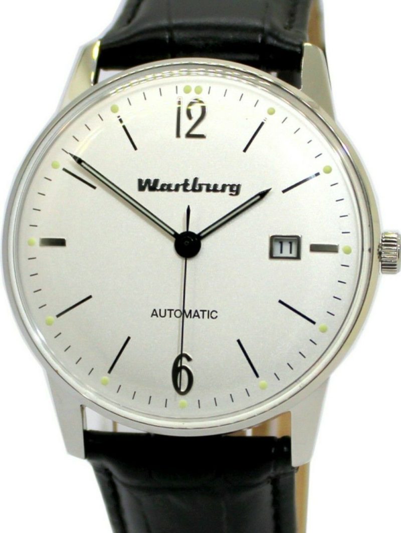 Wartburg Automatic Herrenuhr Klassik weiß Stahl Lederband schwarz vintage 40mm