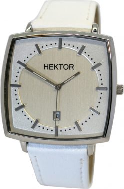 HEKTOR Monitor unisex Armbanduhr Edelstahl Quarz Werk mit Datum Lederband weiß