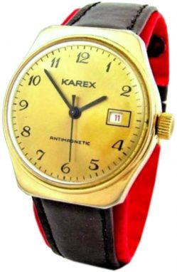 Karex Ruhla Export mechanische Herrenuhr braun gold schwarz Datum UMF Kaliber 24