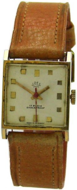 RE watch Carre Form Handaufzug Herrenuhr vergoldet Lederband braun 17 Steine