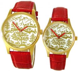 AureA swiss Partner Uhren Quarz analog Scherenschnitt Motiv gold rot Lederband