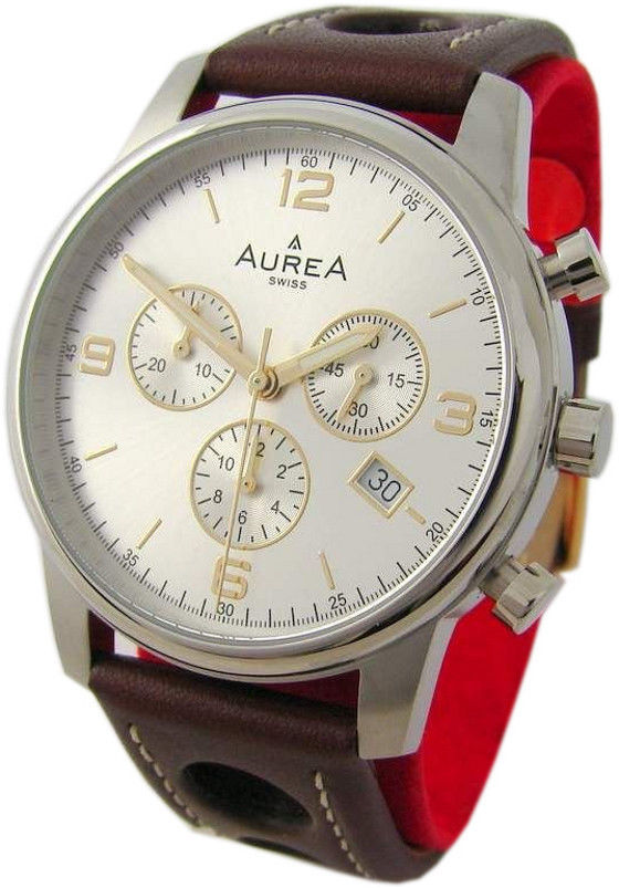 AureA Herrenuhr swiss made Quarz Chronograph Lederband braun silber 40mm CC1303