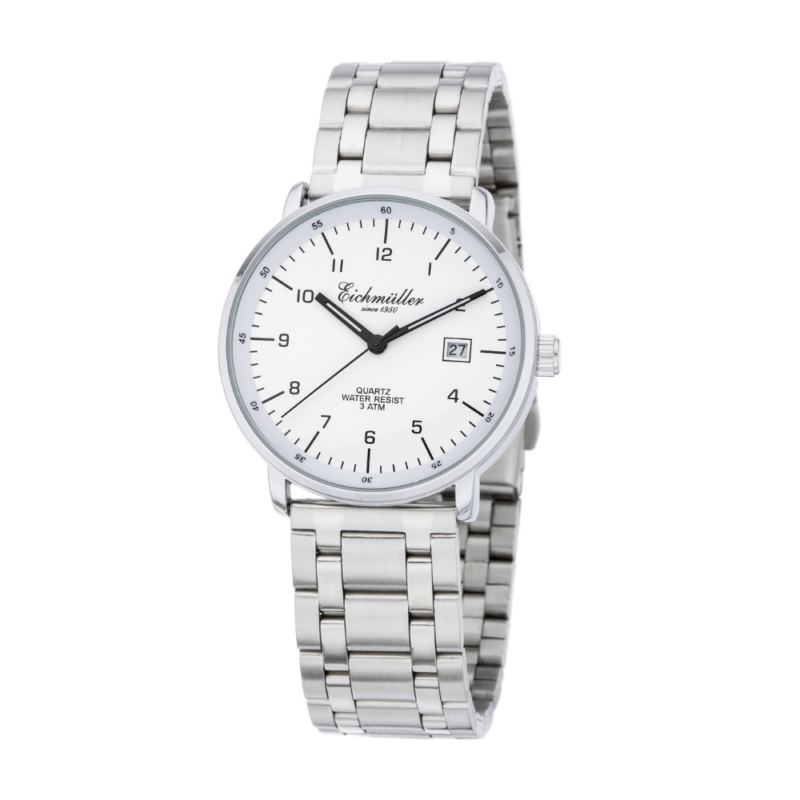 Eichmüller Herrenuhr Analog Quarz Edelstahlband Datum weiß Stil Bauhaus 38 mm