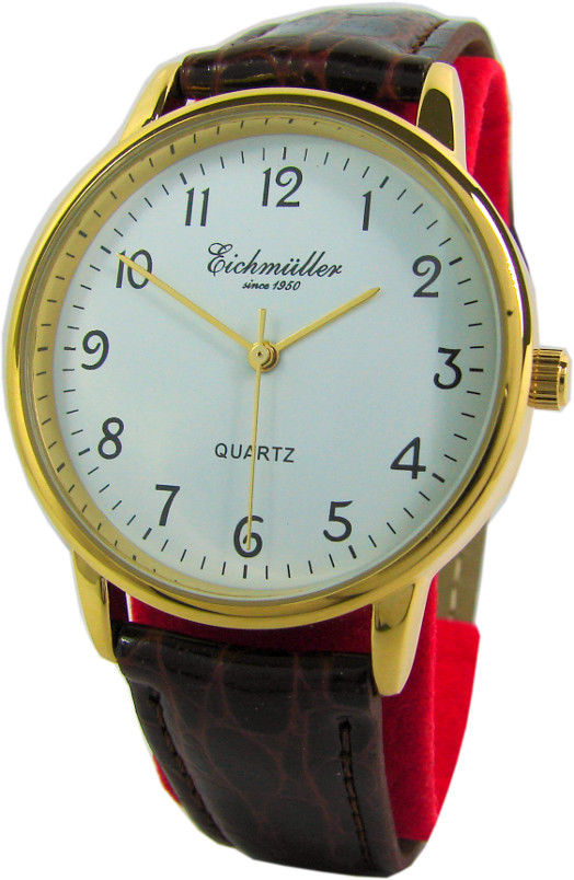 Eichmüller elegante Herrenuhr Quarz Analog gold weiß braun Leder Uhrband 37 mm