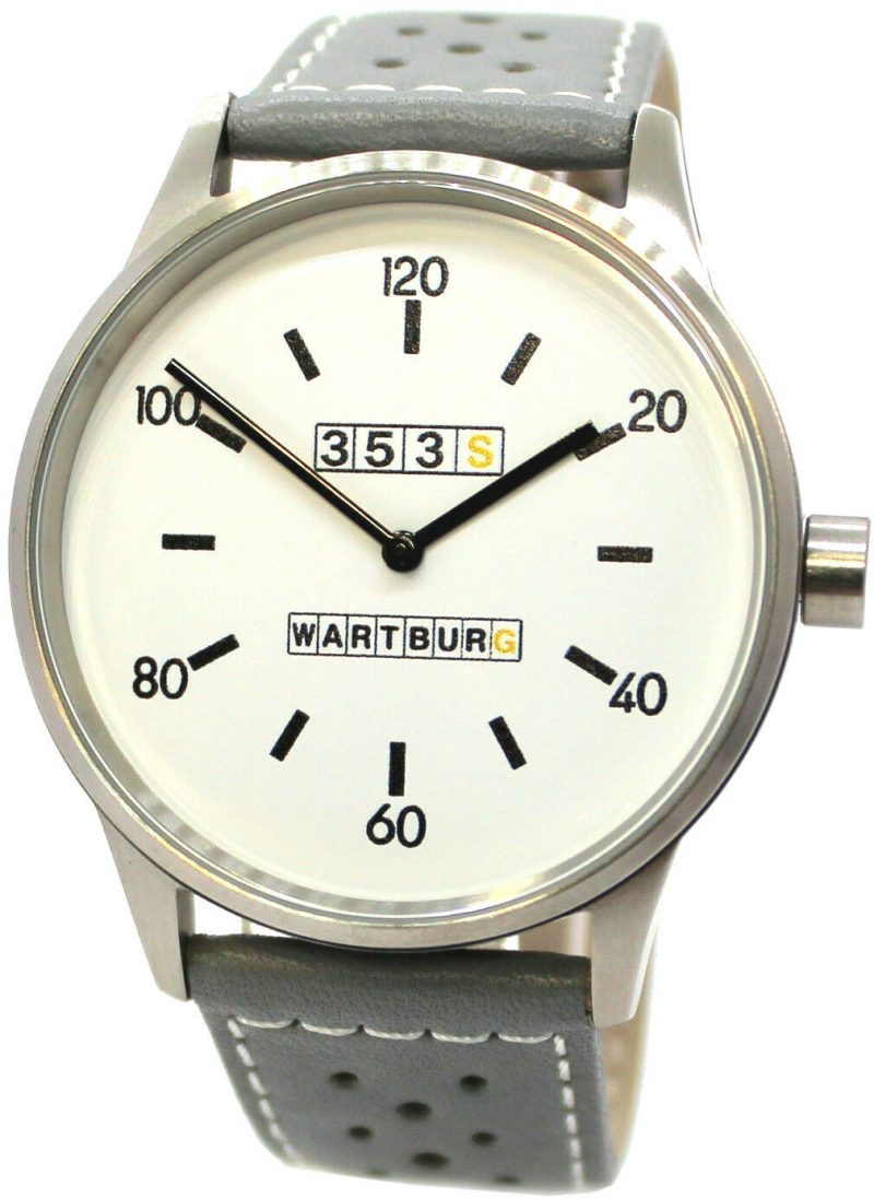 Wartburg 353 S weiß Herrenuhr Edelstahl gebürstet Leder Uhrenarmband grau