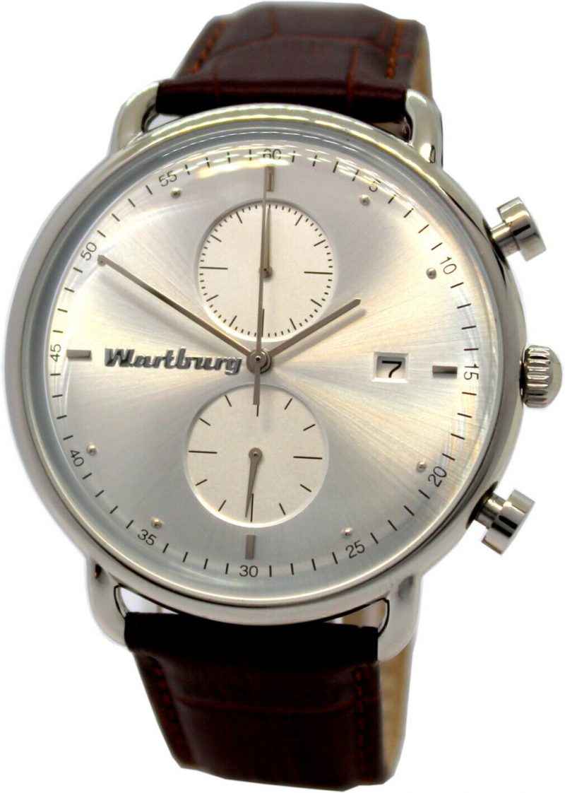 Wartburg Germany Herrenuhr Quarz Chronograph Edelstahl Bauhaus Stil Leder braun