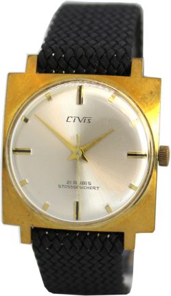 Civis Handaufzug 21 Rubis mechanische Herrenuhr Carre Gehäuse gold Textilband schwarz