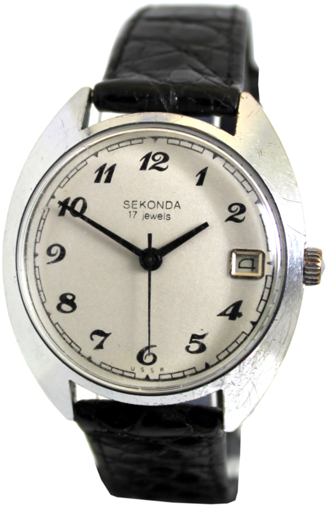 Sekonda USSR Herrenuhr mechanische Uhr mit 17 Steinen und Datum Lederband schwarz