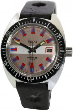 Relay 2000 Sport Taucher Herren Uhr mechanisch mit Datum Drehlünette vintage Indexe rot blau
