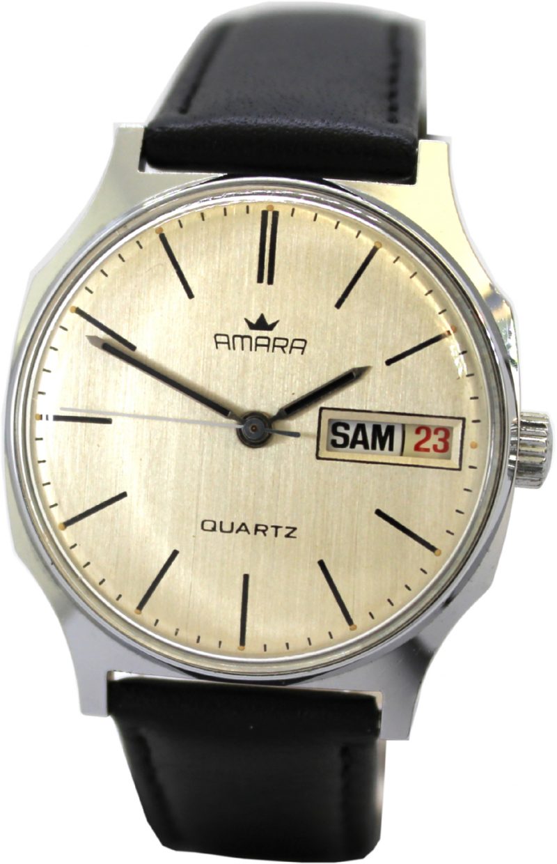 Amara Herrenuhr day date Tag und Datum Quartz vintage Quarz Uhr Lederband schwarz