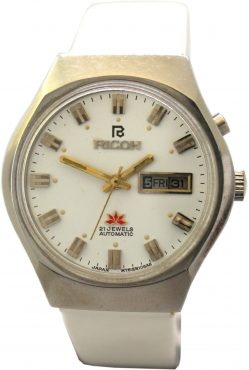 Ricoh mechanische Armbanduhr 21 Jewels day date Automatic Uhr Indexe gold Ziffernblatt Lederband weiß