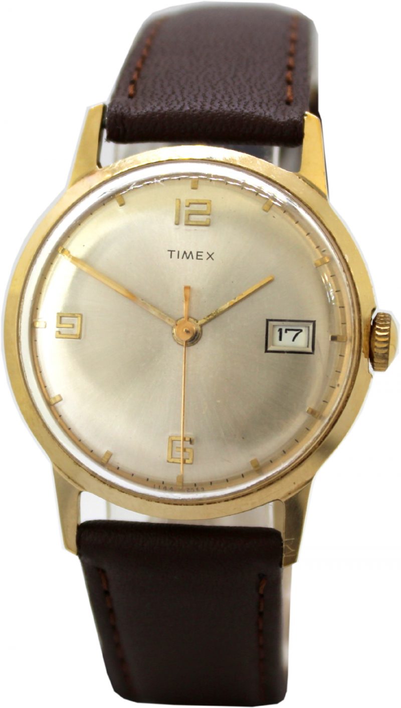 Timex Herren Uhr Armbanduhr Handaufzug mit Datum vintage gold Lederband braun