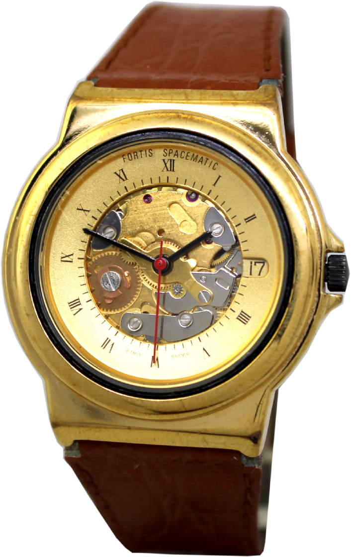 Fortis Spacematic 455 swiss made Herrenuhr Skelettuhr mit Datum 22 Jewels Harley Ronda SA gold Uhrband braun original