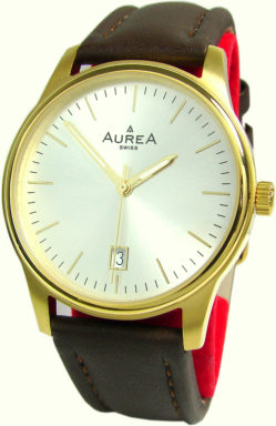 Aurea swiss made Quarz Herrenuhr mit Datum Lederband braun gold 38mm
