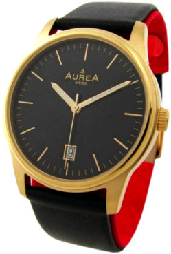 Aurea swiss made Quarz Herrenuhr mit Datum Lederband schwarz gold 38mm