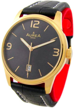 Aurea swiss made Quarz Herrenuhr mit Datum Lederband schwarz gold 38mm