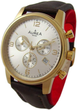 AureA Herrenuhr swiss made Quarz Chronograph Lederband braun gold 40mm CC1601