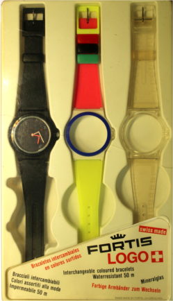 Fortis Container Werbeuhr unisex mit farbigen Wechselbändern swiss made unisex 33,5mm gebraucht