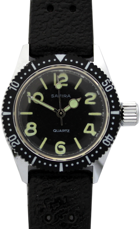 Safira Quarz Uhr mit Drehlünette Ziffernblatt schwarz mit fluoreszierenden Indexen vintage Uhrband