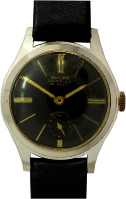 Ancre Goupilles Herrenuhr Handaufzug 4 Rubis dezentrale Sekunde Ziffernblatt schwarz Lederband neu 32mm gebraucht
