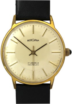 Bergana Herrenuhr Handaufzug 17 Jewels Uhrenarmband Leder neu schwarz 34mm