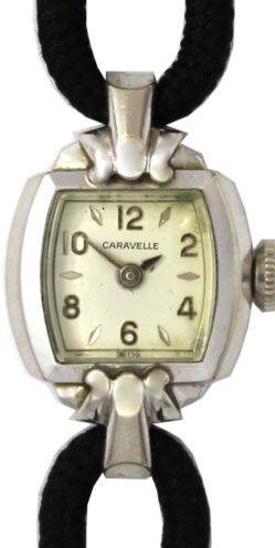 Caravelle Damenuhr Handaufzug swiss made Art Deco Textilband schwarz 16mm gebraucht