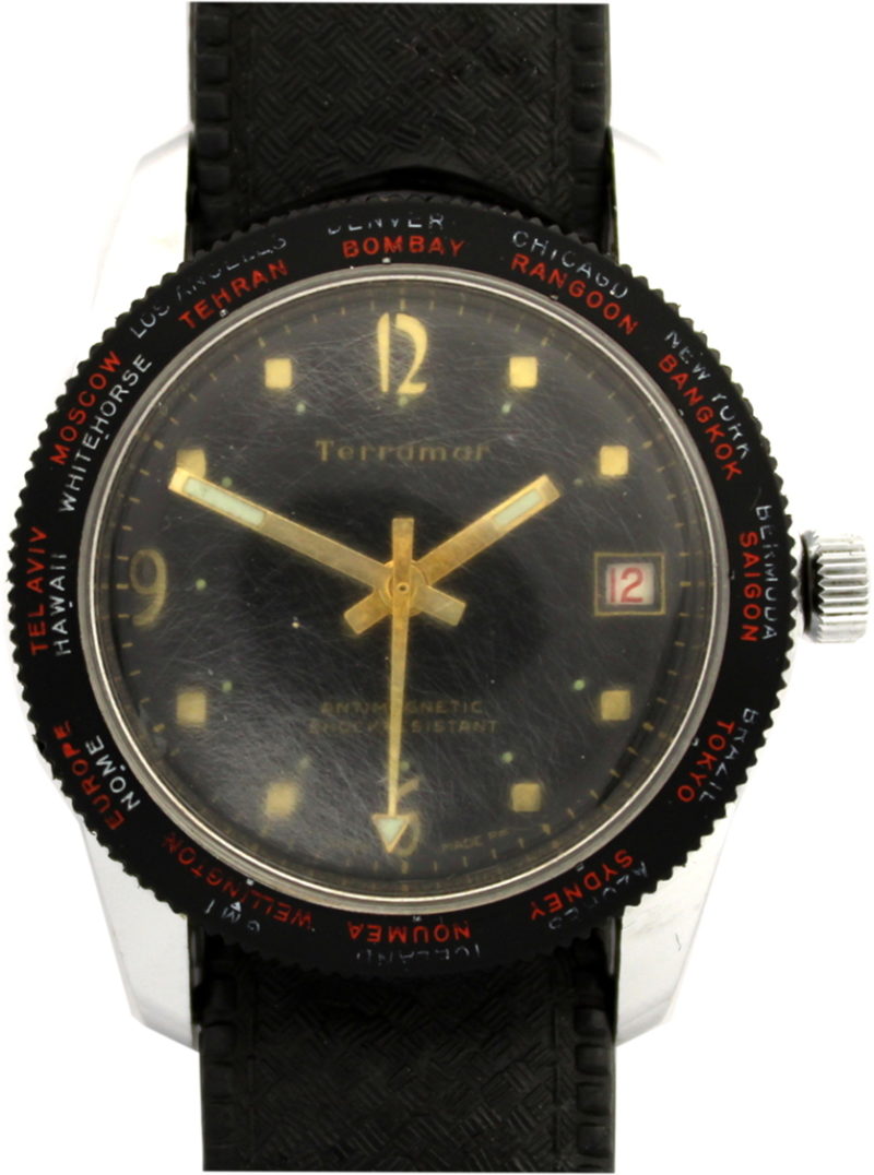 Terramar Herrenuhr Swiss Made Handaufzug Weltzeitlünette Datum vintage Taucher Uhrenarmband schwarz 36mm
