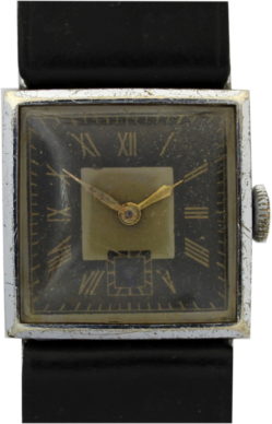 Herren Armbanduhr vintage art deco Uhr Lederband zeitgenössisch schwarz NOS 26mm
