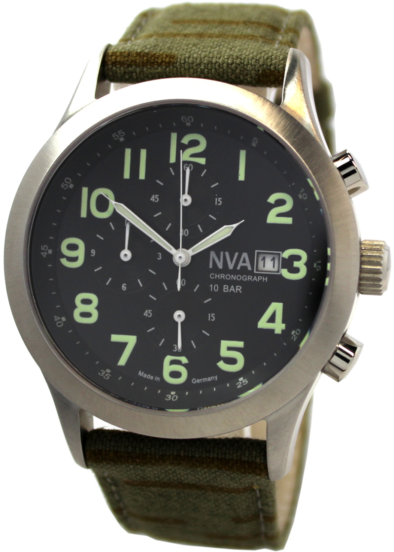 NVA Herrenuhr Chronograph Edelstahl 42mm Made in Germany Uhrband Tarnmuster 10BAR 100m