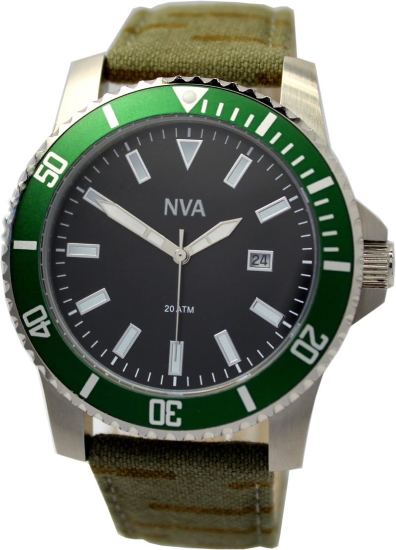 NVA Herrenuhr Edelstahl Lünette grün 43mm Uhrband Tarnmuster geschraubte Krone 20BAR 200m