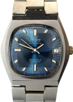 Condor 115 Herrenuhr Automatic 25 Jewels mit Datum Edelstahlarmband Ziffernblatt blau 36mm
