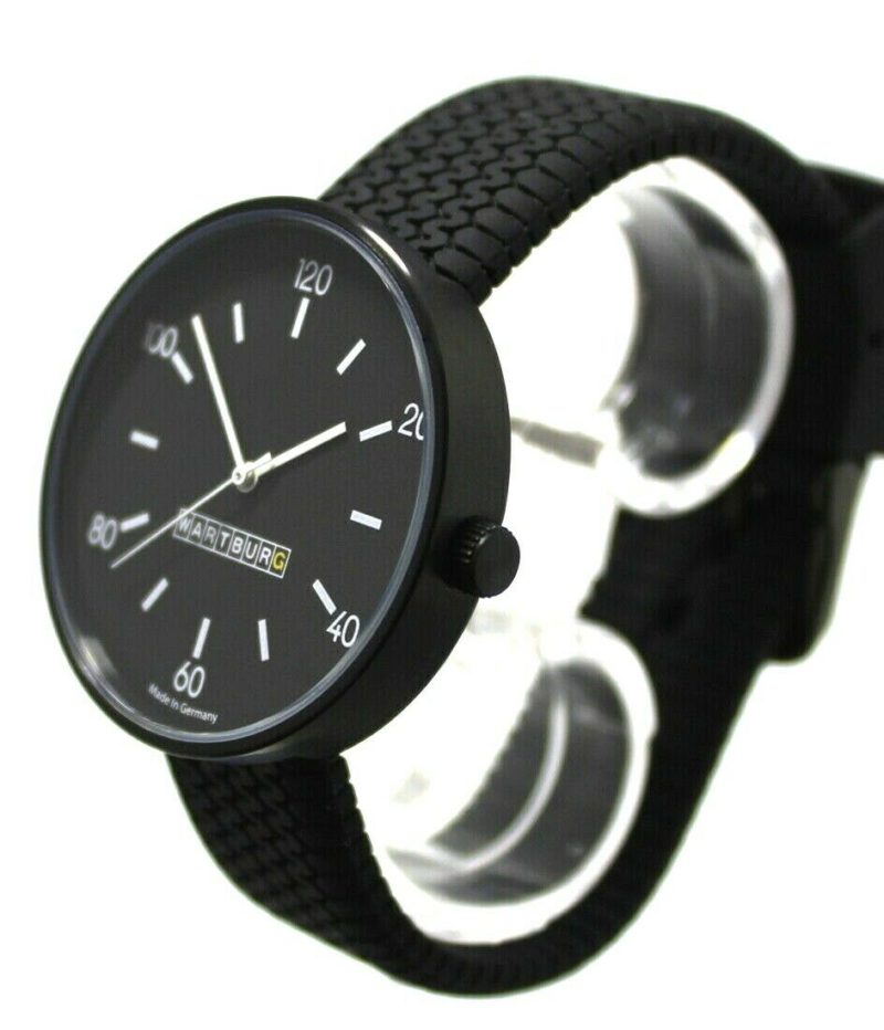Wartburg Herrenuhr Quarz Edelstahl schwarz Reifenprofil Silikon Uhrband 40mm