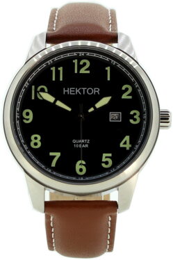 Hektor-Flieger-klassik-Quarz-Datum-schwarz-lumi-Leder-braun