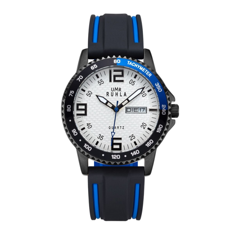 UMR RUHLA sport 39009 Quartz Herrenuhr Edelstahl schwarz IP 10ATM 40mm schwarz blaues Silikonband
