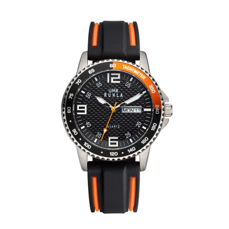 UMR RUHLA sport 39001 Quartz Herrenuhr Edelstahl 10ATM 40mm Silikonband schwarz orange