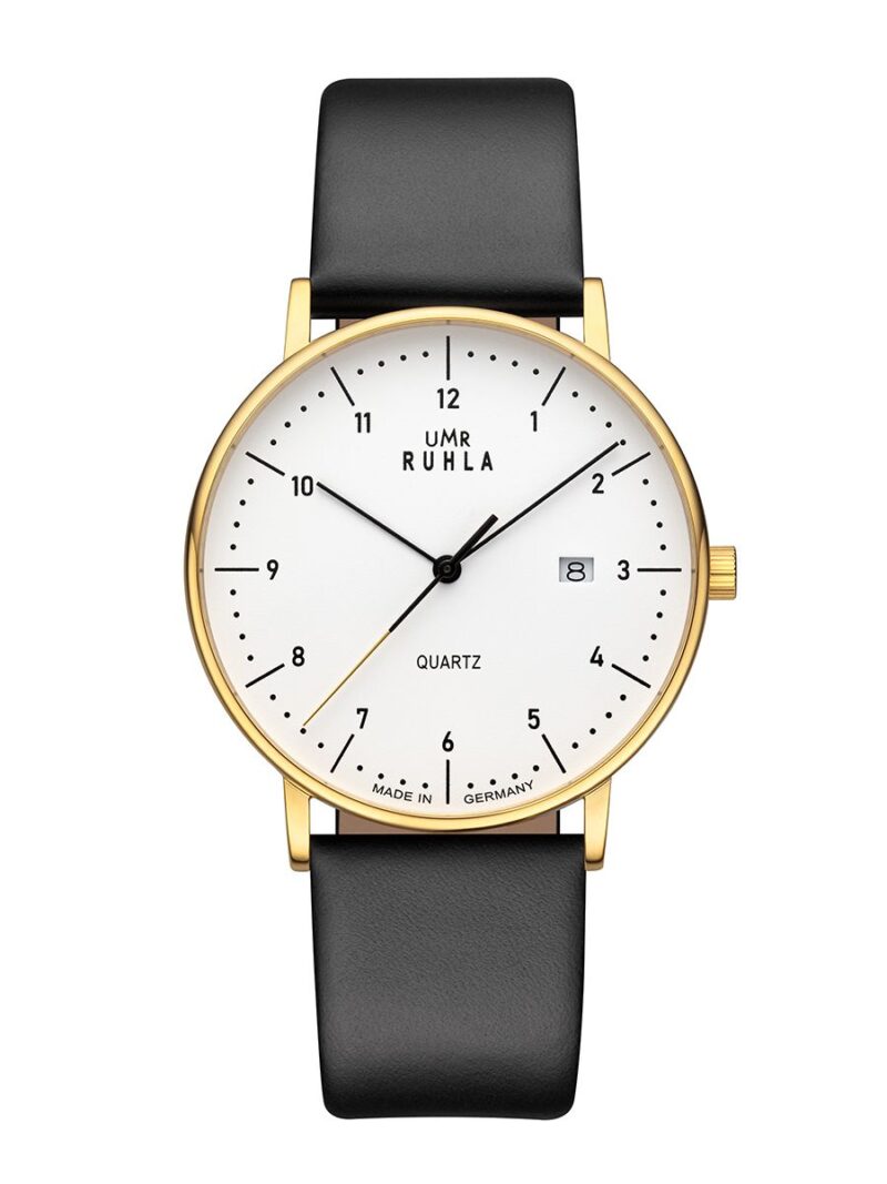 UMR RUHLA Classic 30432sw Herren Damen Quarzuhr Farbe gold weiß 5ATM 39mm Lederband schwarz – Bild 2