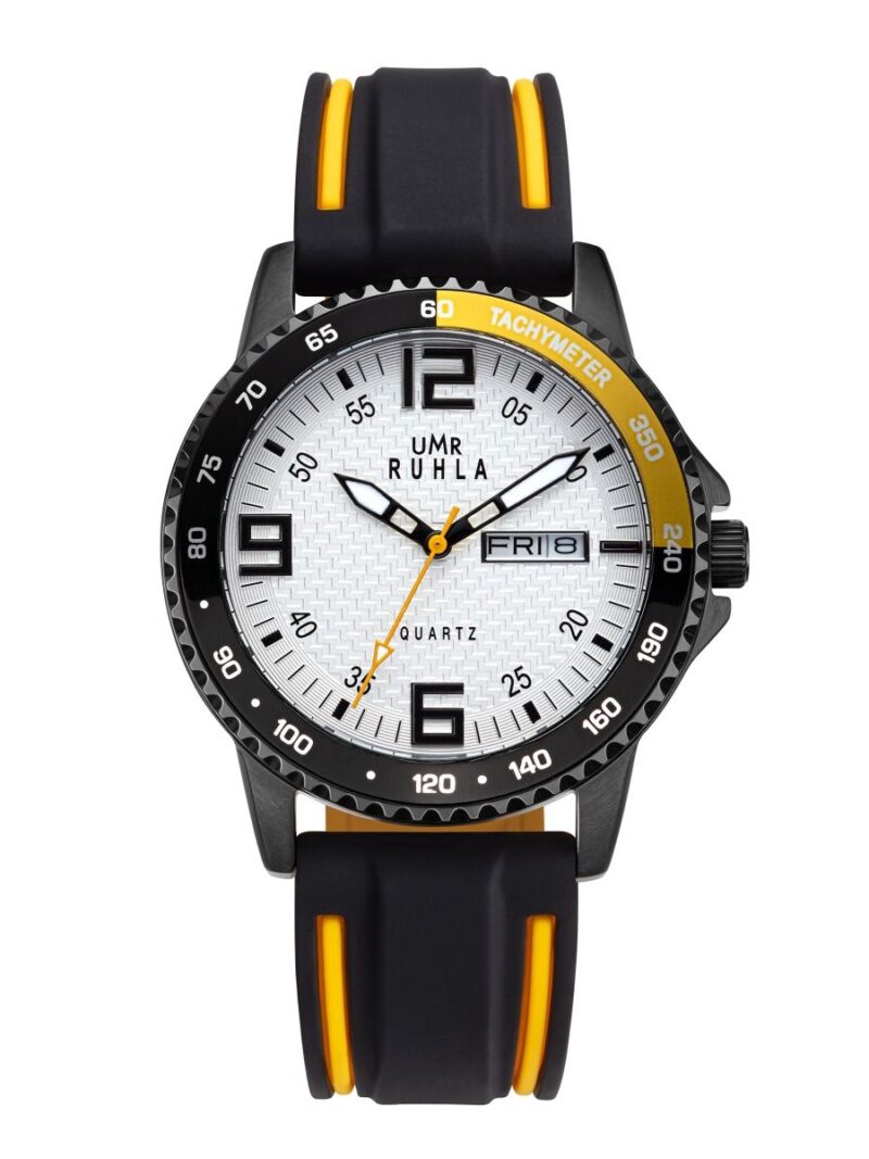 UMR RUHLA sport 39007 Quartz Herrenuhr weiß Edelstahl schwarz IP 10ATM 40mm schwarz gelbes Silikonband